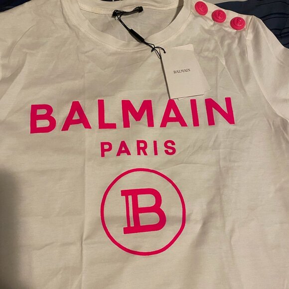 Balmain Paris Essential White Cotton Flocked Logo Button Detail Tee Shirt Small - Picture 3 of 5